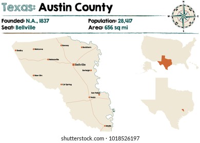 Detailed map of Austin county in Texas, USA