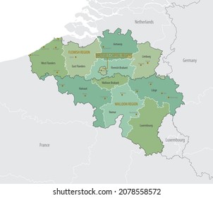 Detailed map of Belgium with administrative divisions into regions and Provinces, major cities of the country, vector illustration onwhite background