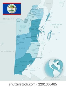 Mapa detallado de las divisiones administrativas de Belice con bandera del país y ubicación en el mundo. Ilustración del vector