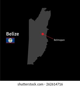 Detailed map of Belize and capital city Belmopan with flag on black background