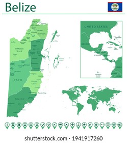 Detailed map of Belize with country flag and location on world map. Vector illustration