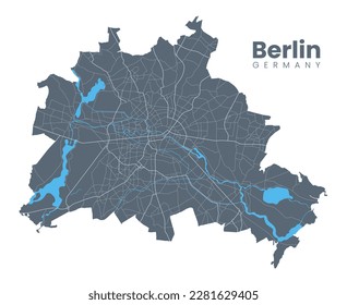 Detailed map of Berlin - the capital of Germany - Urban borders map. Dark fill version on dark background of City poster with streets.