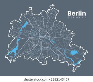 Detaillierte Karte von Berlin - die Hauptstadt Deutschlands - Stadtgrenzplan. Leichte Version auf dunklem Hintergrund des Stadtplakats mit Straßen.