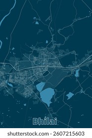 A detailed map of Bhilai, India, rendered in a minimalist style. The map features a dark blue background with white lines representing roads and waterways.