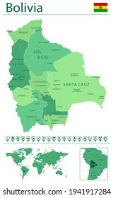 Detailed map of Bolivia with country flag and location on world map. Vector illustration