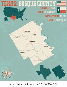 Detailed map of Bosque county in Texas, USA