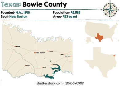 Detailed map of Bowie county in Texas, USA