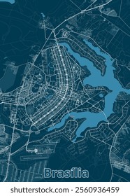 A detailed map of Brasília, Brazil, rendered in a minimalist style. The city's layout is depicted in white lines against a deep blue background, highlighting the intricate network of roads and streets