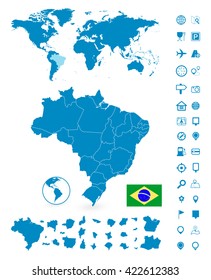 Mapa detallado de Brasil y del conjunto de navegación de mapas del mundo. Ilustración vectorial.