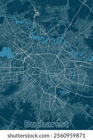 A detailed map of Bucharest, Romania, rendered in a minimalist style. The map features a dark blue background with white lines representing streets and roads.