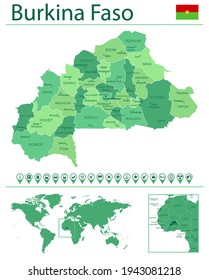 Detailed map of Burkina Faso with country flag and location on world map. Vector illustration