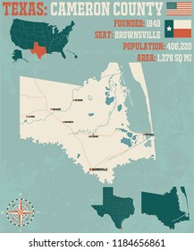 Detailed map of Cameron county in Texas, USA