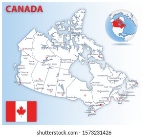 Detailed Map Of Canada Administrative Divisions With Country Flag And Location On The Globe. Vector Illustration