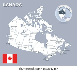 Detailed map of Canada with the flag of the country and location on the globe. Vector illustration