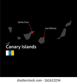 Detailed map of Canary Islands and capital city Santa Cruz with flag on black background