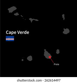 Detailed map of Cape Verde and capital city Praia with flag on black background