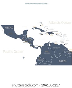 A detailed map of Caribbean-Central America. Caribbean map vector with country and capital name.