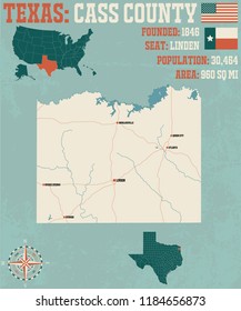 Detailed map of Cass county in Texas, USA