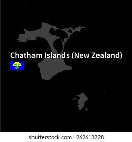 Detailed map of Chatham Islands with flag on black background