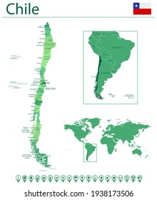 Detailed map of Chile with country flag and location on world map. Vector illustration