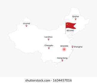 Detailed map of China with the designation of major cities. The epicenter of a coronavirus outbreak in Wuhan. Vector illustration.