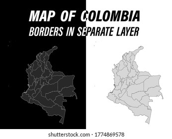 mapa detallado de Colombia con fronteras. Elemento de diseño educativo. Vector blanco y negro fácil de editar