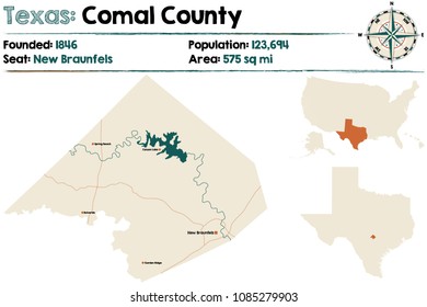 Detailed Map Of Comal County In Texas, USA.