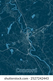 Un mapa detallado de Concord, con una red de carreteras, calles y vías fluviales. El mapa se representa en un estilo minimalista con líneas blancas sobre un fondo azul oscuro.