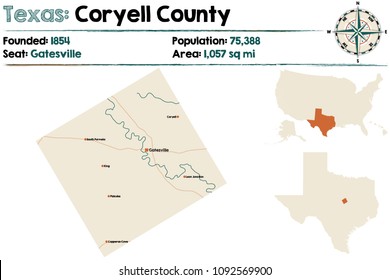 Detailed map of Coryell county in Texas, USA.