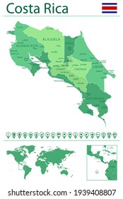Detailed map of Costa Rica with country flag and location on world map. Vector illustration