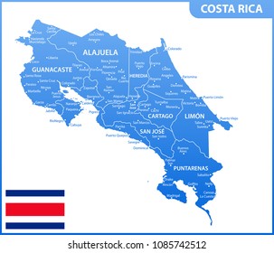The detailed map of Costa Rica with regions or states and cities, capital. Administrative division