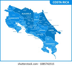 The detailed map of Costa Rica with regions or states and cities, capital. Administrative division