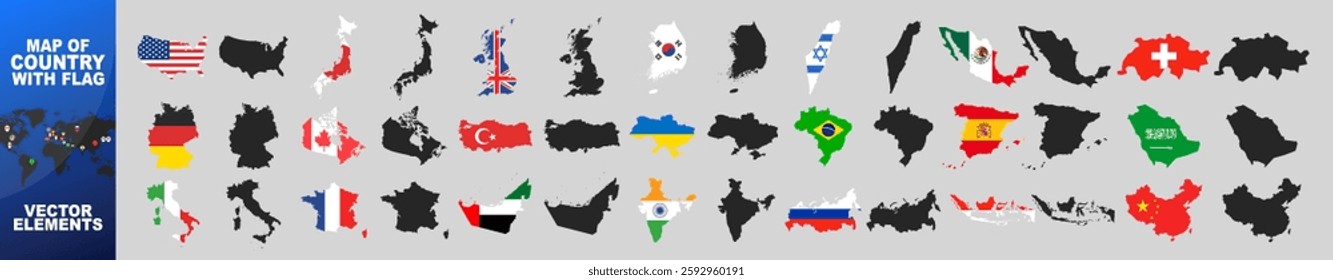Detailed map of countries with the borders and flags. Single country map are listed and isolated. USA, Japan, France, Italy, Great Britain, China, Ukraine, Korea and others