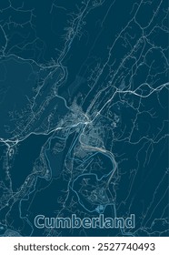 A detailed map of Cumberland, featuring a network of roads and streets in white against a deep blue background. The city's layout is clearly visible, with a prominent river winding through the center.