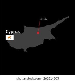 Detailed map of Cyprus and capital city Nicosia with flag on black background