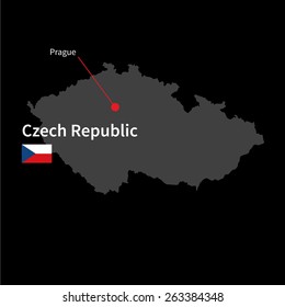 Detailed map of Czech Republic and capital city Prague with flag on black background