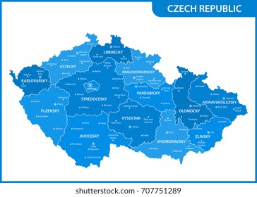 The detailed map of the Czech Republic with regions or states and cities, capitals