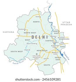 Mapa detallado de Delhi con distrito y lugares importantes