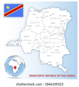 Detailed map of Democratic Republic of the Congo administrative divisions with country flag and location on the globe. Vector illustration
