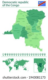 Detailed map of Democratic Republic of the Congo with country flag and location on world map. Vector illustration