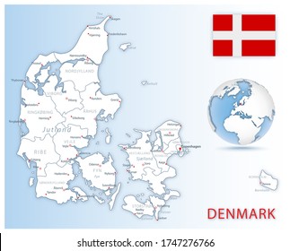 Detailed map of Denmark administrative divisions with country flag and location on the globe. Vector illustration