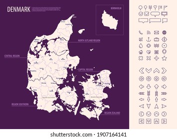 Detailed map of Denmark with administrative divisions on a dark background, country big cities and icons set, vector illustration