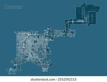 Um mapa detalhado de Denver, Colorado, retratado em um estilo minimalista. O mapa apresenta um fundo azul-petróleo escuro com linhas brancas representando estradas e ruas. A disposição da cidade é claramente visível.