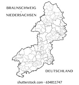 Detailed map of the District of Brunswick (Lower Saxony, Germany) with borders of municipalities, municipalities associations, subdistricts, and district. Vector illustration