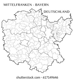 Detailed map of the District of the Central Franconia (Bavaria, Germany) with borders of municipalities, municipalities associations, subdistricts, and regions. Vector illustration