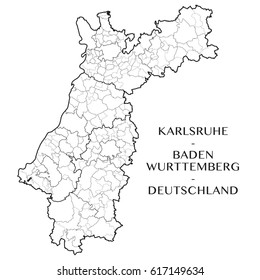 Detailed map of the District of Karlsruhe district (Baden-Wurttemberg, Germany) with borders of municipalities, municipalities associations, subdistricts, and regions. Vector illustration