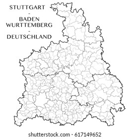 Detailed map of the District of Stuttgart (Baden-Wurttemberg, Germany) with borders of municipalities, municipalities associations, subdistricts, and regions. Vector illustration
