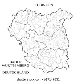 Detailed map of the District of Tubingen (Baden-Wurttemberg, Germany) with borders of municipalities, municipalities associations, subdistricts, and regions. Vector illustration