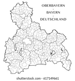 Detailed map of the District of the Upper Bavaria (Bavaria, Germany) with borders of municipalities, municipalities associations, subdistricts, and regions. Vector illustration