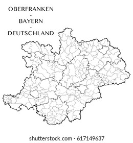 Detailed map of the District of the Upper Franconia (Bavaria, Germany) with borders of municipalities, municipalities associations, subdistricts, and regions. Vector illustration